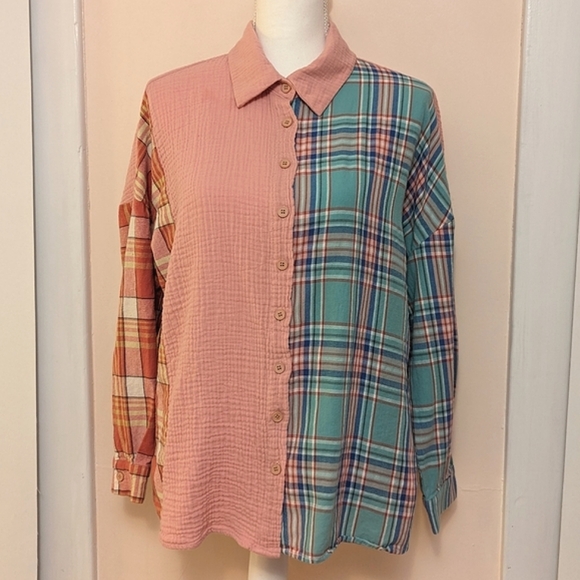 Tops - Pastel 100% cotton colour block plaid shirt button collared down oversized small